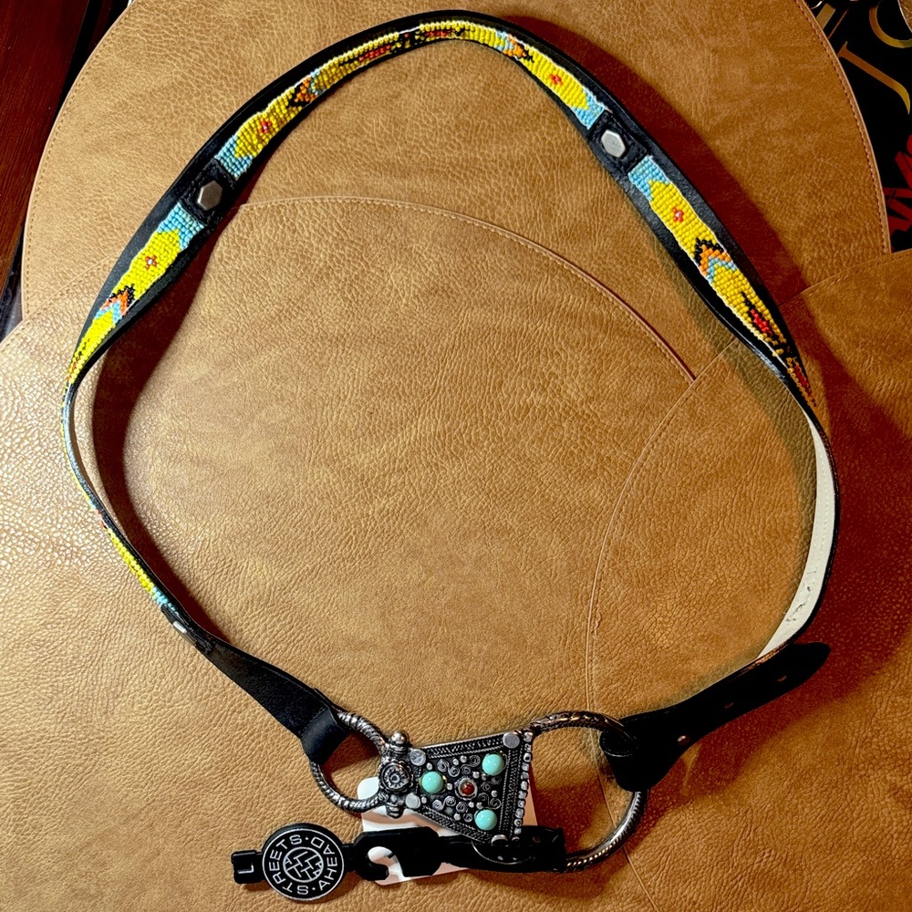Streets Ahead Black Leather Belt w/ Colorful Beadwork Silver Turquoise Buckle
